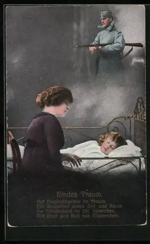 AK Kinder Kriegspropaganda, Kindes Traum, Mädchen träumt vom Vater, Soldat in Uniform mit Pickelhaube und Gewehr