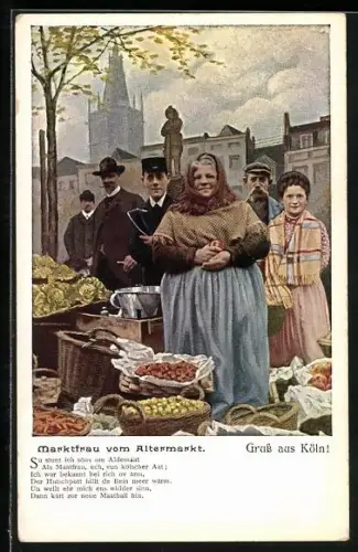 AK Köln, Marktfrau vom Altermarkt mit Obst und Gemüse