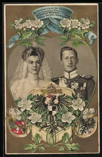 AK Kronprinz Wilhelm von Preussen mit Herzogin Cecilie v.Meklenburg-Schwerin, Erinnerung a.d.Vermählung 1905, Wappen