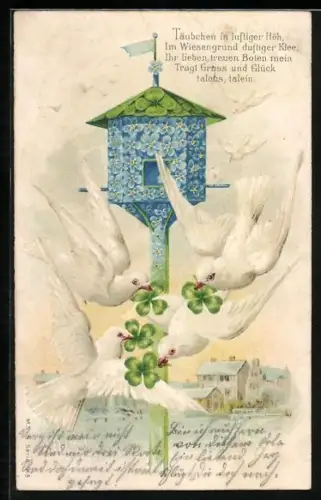 AK Weisse Tauben am Vogelhaus aus Blumen