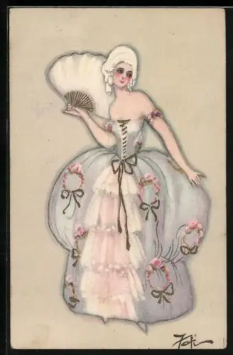 AK Fräulein im Kleid mit einem Fächer