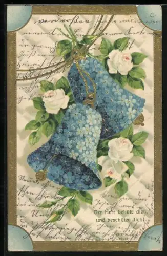 AK Glocken aus Vergissmeinnicht mit weissen Rosen
