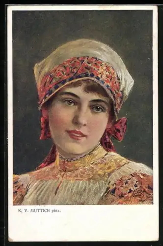 Künstler-AK Camil Vladislav Muttich: Devce z Trencina, schöne Osteuropäerin in Tracht