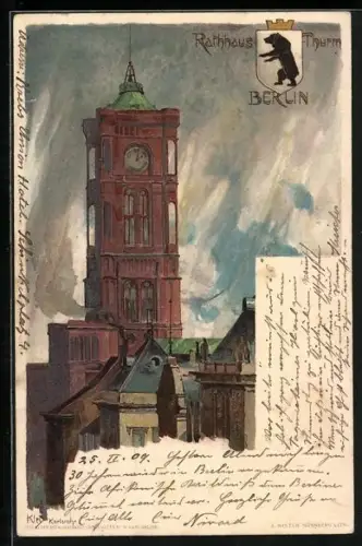 Künstler-AK Heinrich Kley: Berlin, Rathausturm, Rotes Rathaus u. Stadtwappen, Königstrasse