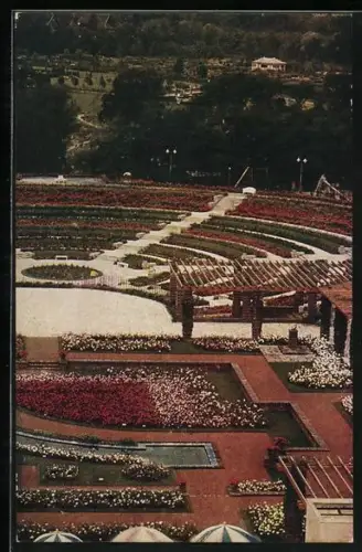 AK Essen, Gruga 1929, Dahlienarena in Mohnblüte, Im Vordergrund Pergola, Im Hintergrund Botanischer Garten