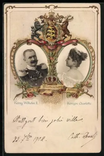 Lithographie König Wilhelm II. und Königin Charlotte, Wappen von Württemberg