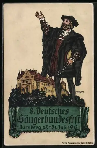 AK Nürnberg, 8. Deutsches Sängerbundesfest 1912, Sänger mit Laute
