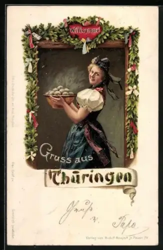 Lithographie Klossmädel in thüringischer Tracht