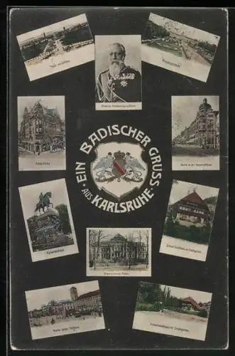 AK Karlsruhe, Hofapotheke, Kaiserstrasse, Schwarzwaldhaus im Stadtgraben, Markt und Rathaus