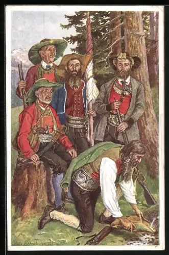 Künstler-AK Aus der historischen Gruppe des letzten Aufgebotes des Schwazer Landsturmes, An der Quelle