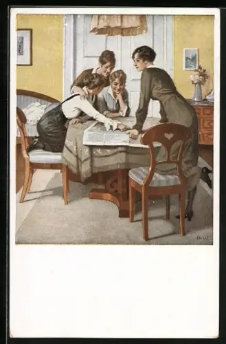 Künstler-AK Brynolf Wennerberg: Strategie, junge Frauen brüten über der Landkarte, Nr. 6