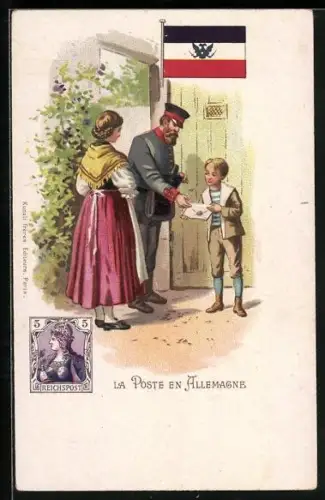 Lithographie La Poste en Allemagne, deutscher Postbote, Flagge, Briefmarke