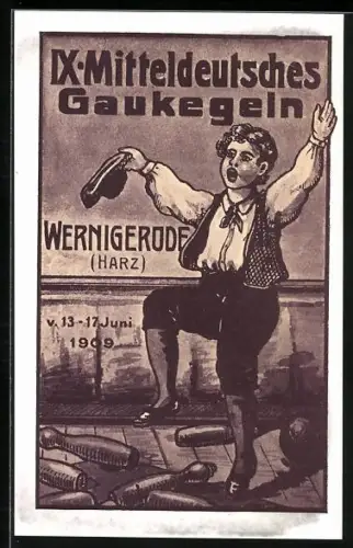AK Wernigerode, Mitteldeutsches Gau-Kegeln, 1909, Junge zwischen Kegeln