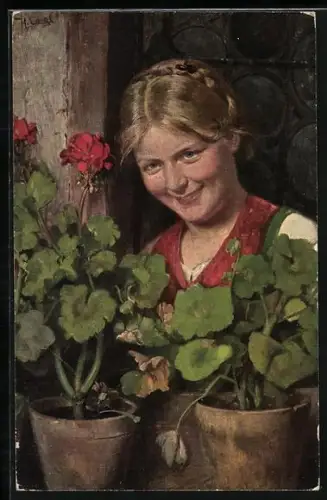 Künstler-AK sign. Hugo Engl: Unter Blumen, Junge Frau hinter zwei Blumentöpfen