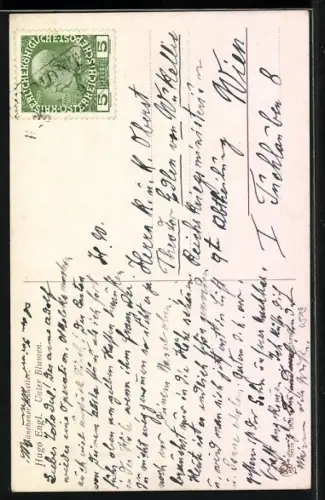 Künstler-AK sign. Hugo Engl: Unter Blumen, Junge Frau hinter zwei Blumentöpfen