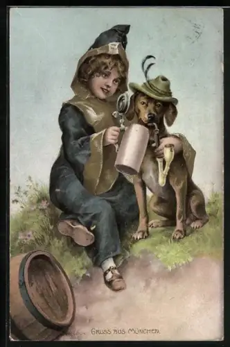AK Münchner Kindl mit Bierkrug, Hund mit Jägerhut und Pfeife