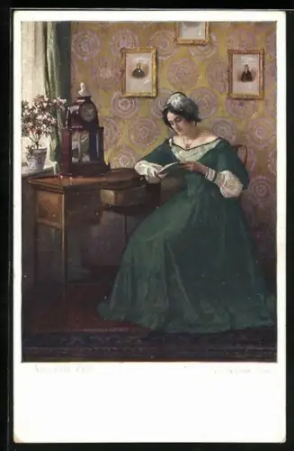 Künstler-AK Karl Maria Schuster: junge Frau liest in einem Buch aus alter Zeit