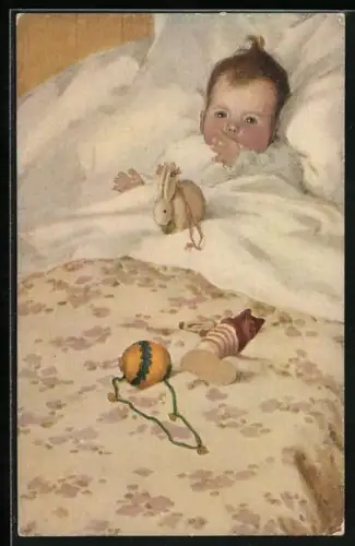 AK Kind mit Ball, Häschen und Schuh als Spielzeug