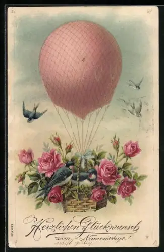 Lithographie Gage d`Amitie, Ballon mit Rosenkorb und Schwalben