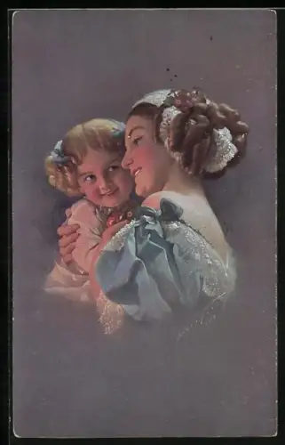 Künstler-AK Ludwig Knoefel: junge Mutter mit ihrer Tochter im Arm