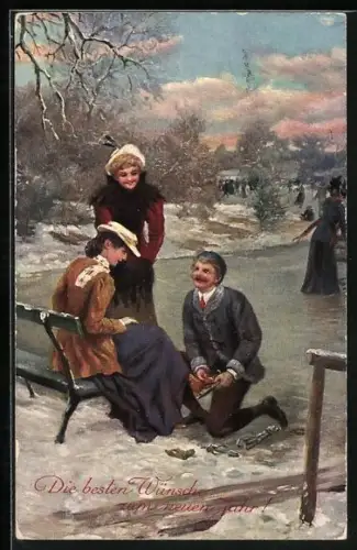 Künstler-AK Die besten Wünsche zum neuen Jahr!, Galan hilft Dame in ihre Schlittschuhe