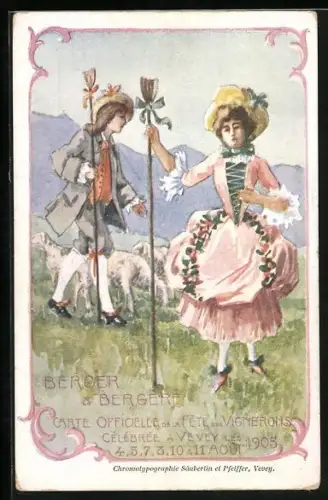 Künstler-AK Vevey, Fêtes des Vignerons 1905, Berger & Bergere