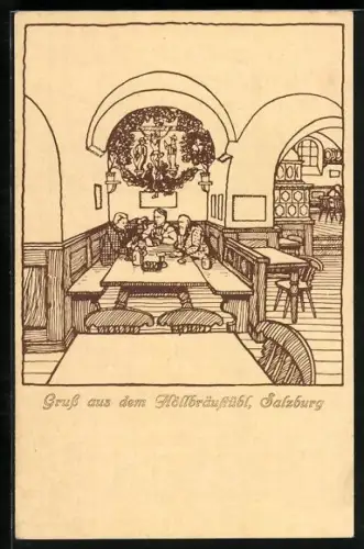 Künstler-AK Salzburg, Gasthaus Höllbräustübel, Innenansicht