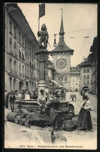 AK Bern, Blick auf Zeitglockenturm und Bärenbrunnen
