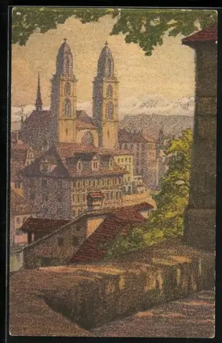 Künstler-AK Ernst E. Schlatter: Zürich, Grossmünster und Lindenhof