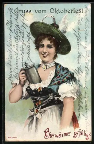 AK Bierwärmer gefällig?, Mädchen im Dirndl hält Bierkrug an ihren Busen