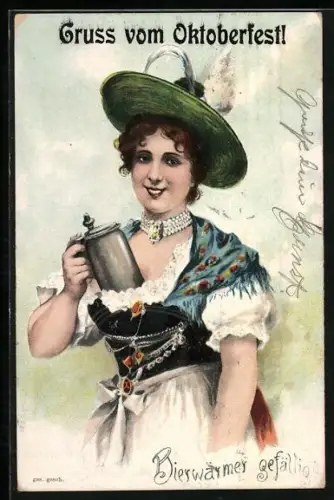 AK Bierwärmer gefällig?, Mädchen im Dirndl hält Bierkrug an ihren Busen