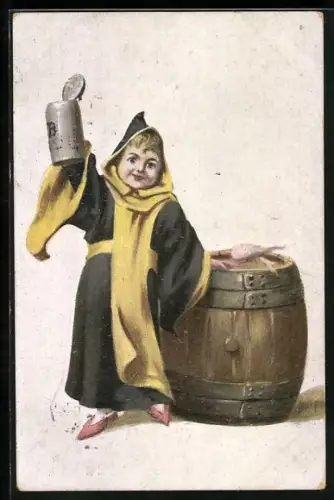 AK Münchner Kindl neben einem Fass hebt einen Bierkrug