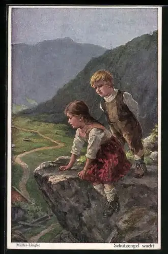 Künstler-AK Wohlgemuth & Lissner, Primus-Postkarte No.3140: Schutzengel wacht - Kinder an einer Felsklippe