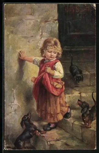 Künstler-AK K. Barth: Viele Liebhaber, Mädchen mit Dackeln