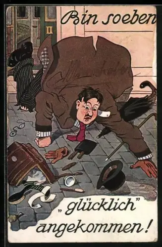 Künstler-AK Leipzig, Reisender stürzt auf dem Bahnsteig des Bahnhofes