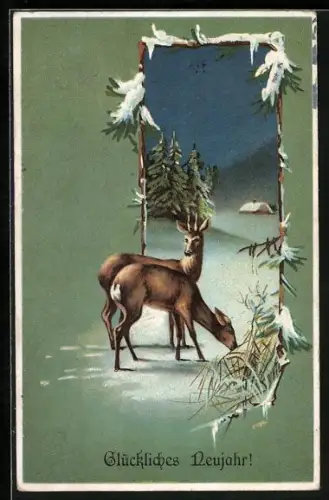 Lithographie Hirsche in der winterlichen Nacht