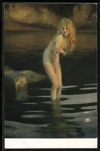 Künstler-AK sign. P. Chabas: Im Zwielicht, Badendes Mädchen, Weiblicher Akt