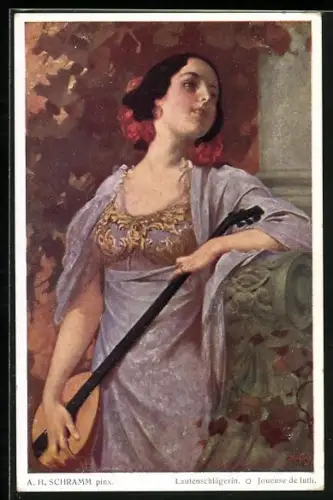 Künstler-AK Lautenschlägerin, Musikerin mit dunklem Haar