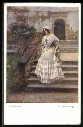 Künstler-AK Karl Maria Schuster: In Erwartung, eine Frau kommt aus dem Haus