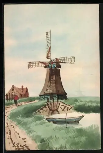 Künstler-AK Handgemalt: Windmühle in idyllischer Landschaft
