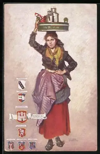 Künstler-AK Flachgau, Magd in Tracht, Wappen aus dem Salzburger Land