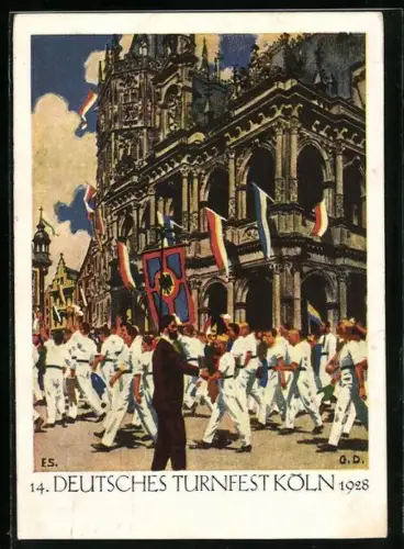 Künstler-AK Köln, 14. deutsches Turnfest 1928, Festzug am Rathaus