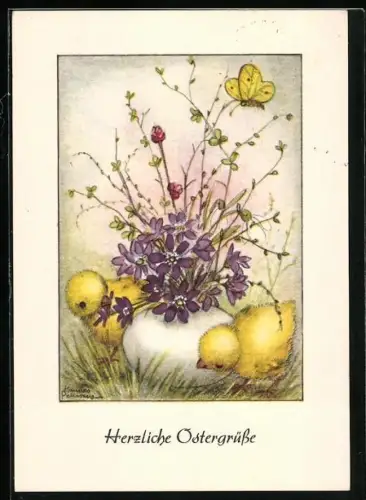 Künstler-AK Hannes Petersen: Osterei und Küken, Schmetterling, Blumen