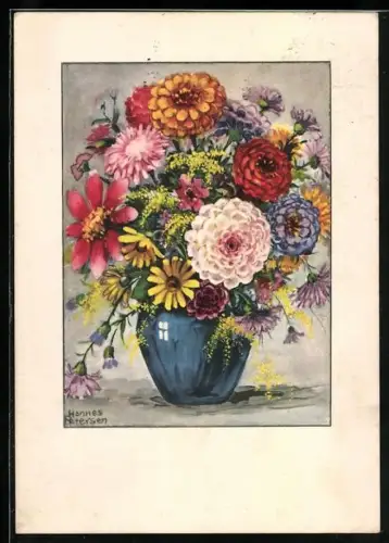 Künstler-AK Hannes Petersen: Bunter Blumenstrauss in einer Vase