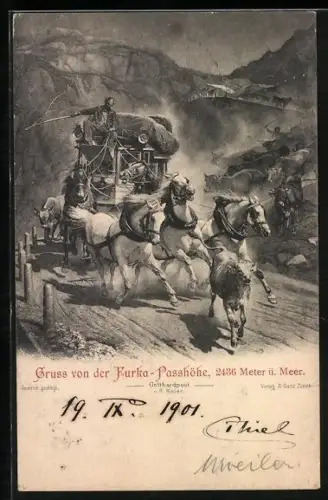 Künstler-AK R. Koller: Gotthardpost, Postkutsche in voller Fahrt