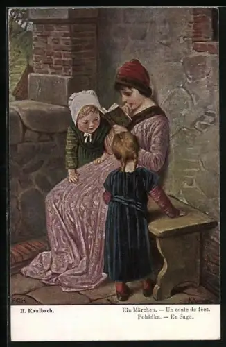 Künstler-AK Hermann Kaulbach: Ein Märchen, Junge Frau liest zwei Kindern eine Geschichte vor