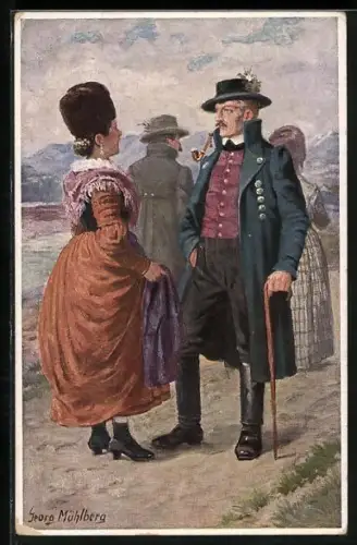 Künstler-AK Georg Mühlberg: Mann und Frau in bayerischen Volkstrachten, Wolfratshausen