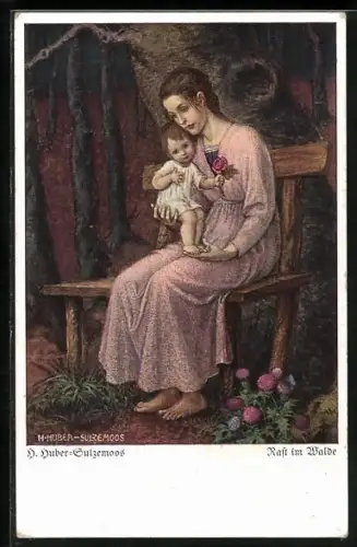 Künstler-AK Hans Huber-Sulzemoos: Mutter und Kind bei der Rast im Walde