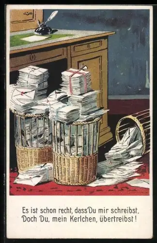 AK Schreibtisch und Körbe voller Briefe, Neujahrsgruss