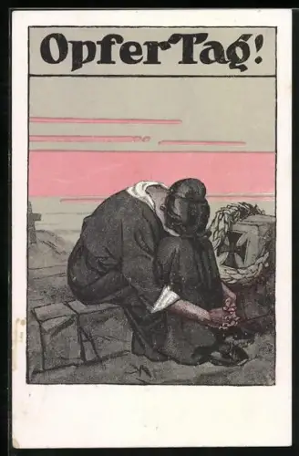 AK Opfertag!, trauerndes Mädchen, Rotes Kreuz